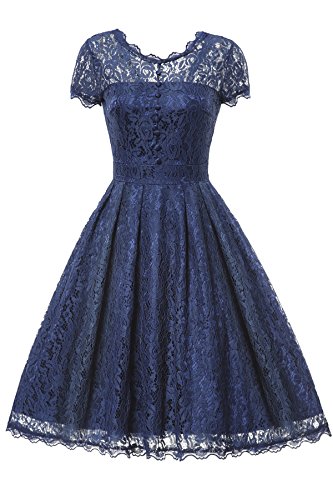 Gigileer Elegant Damen Kleider Spitzenkleid Cocktailkleid Knielanges Vintage 50er Jahr hochzeit Party blaue M