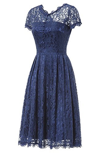 Gigileer Elegant Damen Kleider Spitzenkleid Cocktailkleid Knielanges Vintage 50er Jahr hochzeit Party blaue M - 3