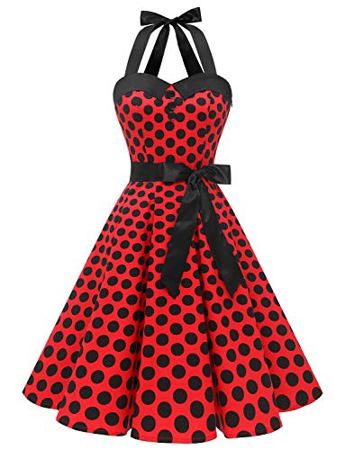 Dressystar Vintage Tupfen Retro Cocktail Abschlussball Kleider 50er 60er Rockabilly Neckholder Rot Schwarz Dot M - 2