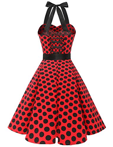 Dressystar Vintage Tupfen Retro Cocktail Abschlussball Kleider 50er 60er Rockabilly Neckholder Rot Schwarz Dot M - 4