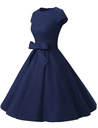 Dressystar Damen Vintage 50er Cap Sleeves Dot Einfarbig Rockabilly Swing Kleider M Marineblau - 2