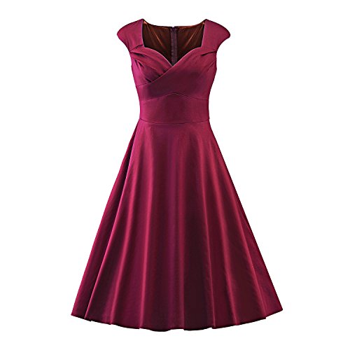 LUOUSE Damen Audrey Hepburn 50s Retro Vintage Bubble Skirt Rockabilly Swing Evening Kleider,WineRed,L