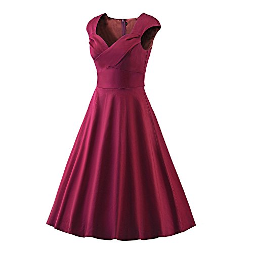 LUOUSE Damen Audrey Hepburn 50s Retro Vintage Bubble Skirt Rockabilly Swing Evening Kleider,WineRed,L - 3