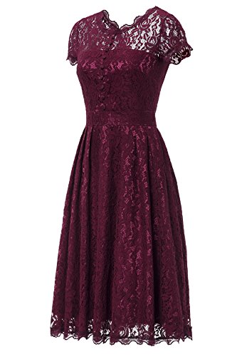 Gigileer Elegant Damen Kleider Spitzenkleid Cocktailkleid Knielanges Vintage 50er Jahr hochzeit Party weinrot XL - 3