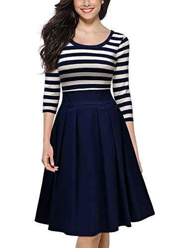 Miusol Damen Vintage 1950er Streifen Rund Ausschnitt 3/4 Arm Retro Schwingen Pinup Rockabilly Kleid Navy Blau Gr.M