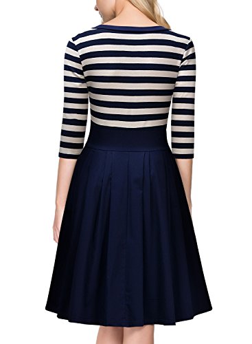 Miusol Damen Vintage 1950er Streifen Rund Ausschnitt 3/4 Arm Retro Schwingen Pinup Rockabilly Kleid Navy Blau Gr.M - 
