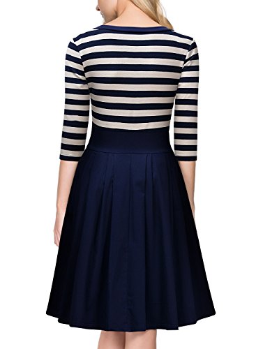 Miusol Damen Vintage 1950er Streifen Rund Ausschnitt 3/4 Arm Retro Schwingen Pinup Rockabilly Kleid Navy Blau Gr.M - 