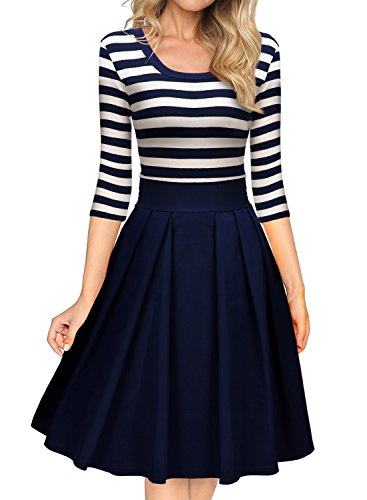 Miusol Damen Vintage 1950er Streifen Rund Ausschnitt 3/4 Arm Retro Schwingen Pinup Rockabilly Kleid Navy Blau Gr.M - 2