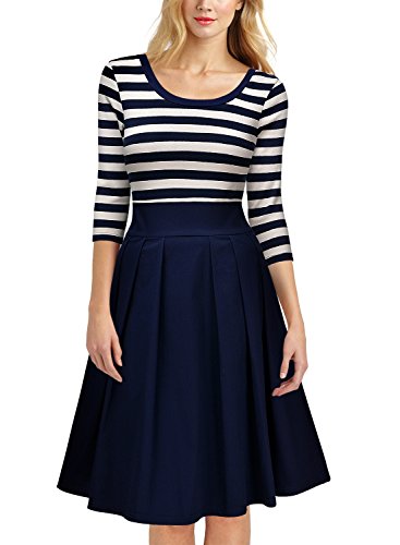 Miusol Damen Vintage 1950er Streifen Rund Ausschnitt 3/4 Arm Retro Schwingen Pinup Rockabilly Kleid Navy Blau Gr.M - 4