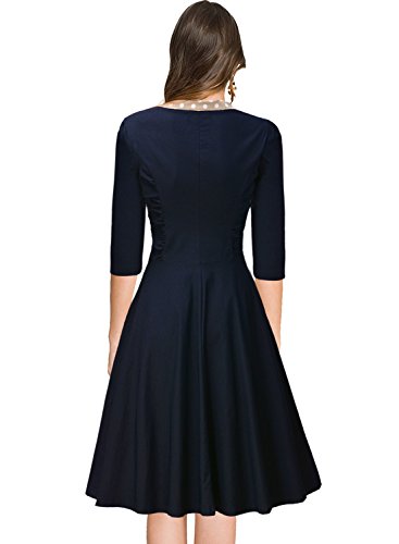 Miusol Damen V-Ausschnitt Schleife Cocktailkleid Faltenrock 50er 60er Jahr Party Stretch?Kleid Blau Gr.S - 