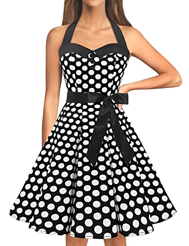 Dressystar Vintage Tupfen Retro Cocktail Abschlussball Kleider 50er 60er Rockabilly Neckholder Schwarz Weiß Dot M