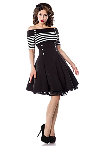 Schulterfreies Vintage-Kleid mit dekorativen Knöpfen und kurzen Ärmeln (Schwarz/Weiß/Stripe, Gr. M)