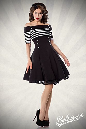 Schulterfreies Vintage-Kleid mit dekorativen Knöpfen und kurzen Ärmeln (Schwarz/Weiß/Stripe, Gr. M) - 2