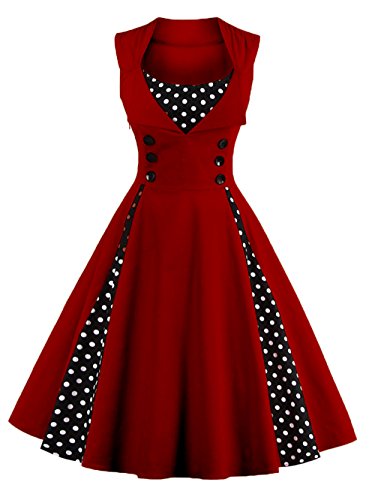 VKStar® Vintage 50er elegantes Abendkleid mit Knöpfe Rockabilly Swing Cocktailkleid Weinrot M