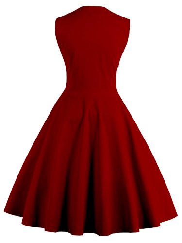 VKStar® Vintage 50er elegantes Abendkleid mit Knöpfe Rockabilly Swing Cocktailkleid Weinrot M - 2