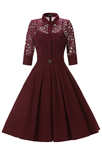 Gigileer Elegant Damen Kleider Spitzenkleid Cocktailkleid Winter Knielanges 3/4 Arm festlich hochzeit Burgundy L