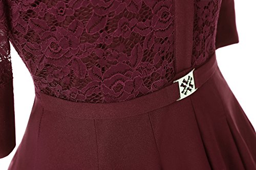 Gigileer Elegant Damen Kleider Spitzenkleid Cocktailkleid Winter Knielanges 3/4 Arm festlich hochzeit Burgundy L - 