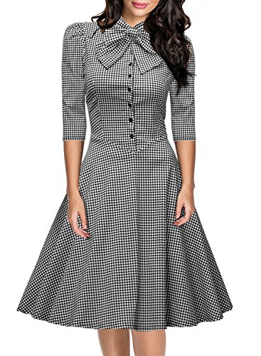 Miusol Damen 3/4 Arm Winter Rockabilly Retro Hahnentrittmuster Faltenrock Business 50er Jahr Kleider Gr.S