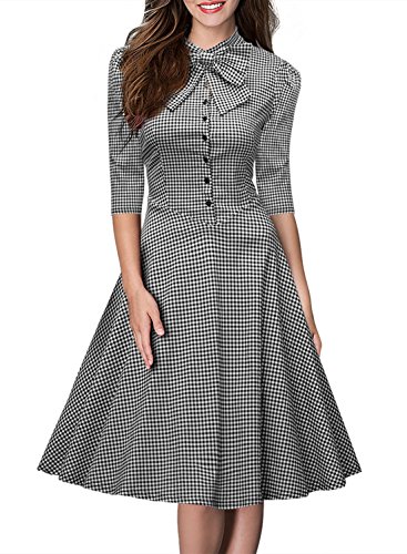 Miusol Damen 3/4 Arm Winter Rockabilly Retro Hahnentrittmuster Faltenrock Business 50er Jahr Kleider Gr.S - 2