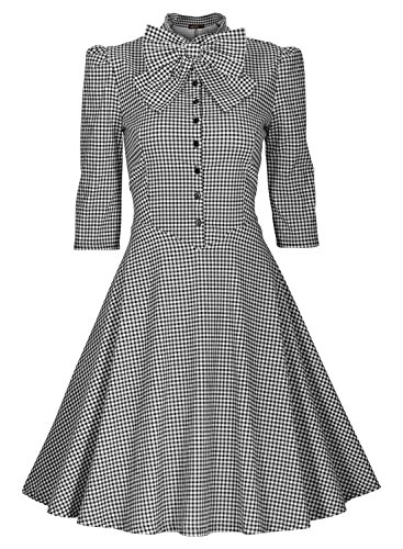 Miusol Damen 3/4 Arm Winter Rockabilly Retro Hahnentrittmuster Faltenrock Business 50er Jahr Kleider Gr.S - 4