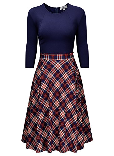 Miusol Damen 3/4 Arm Vintage 50er Kleid Knielang Abendkleid Cocktail Abendkleid Blau Gr.S - 3