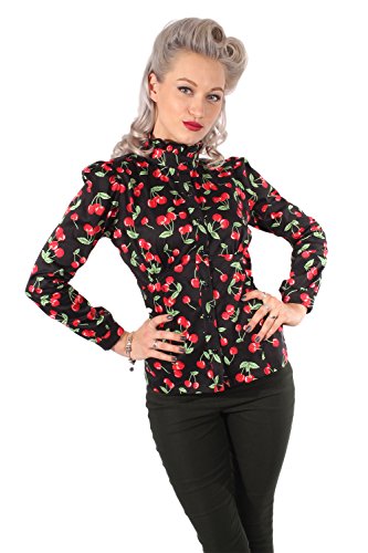 SugarShock Damen 50s Cherry Rockabilly Puffärmel Stehkragen Kirschen langarm Bluse XXL