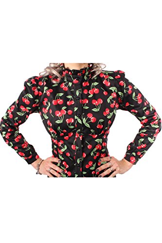 SugarShock Damen 50s Cherry Rockabilly Puffärmel Stehkragen Kirschen langarm Bluse XXL -