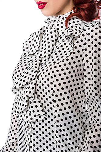 Weiße Rüschen Schluppenbluse schwarz gepunktet mit Jabot und Strassknöpfen Stehkragen Rockabilly Bluse Damen Retro S - 4