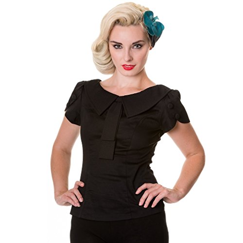 Banned Damen Retro Bluse Schleife und Zierknöpfe - Collar & Tie Rockabilly Oberteil Schwarz (XS)