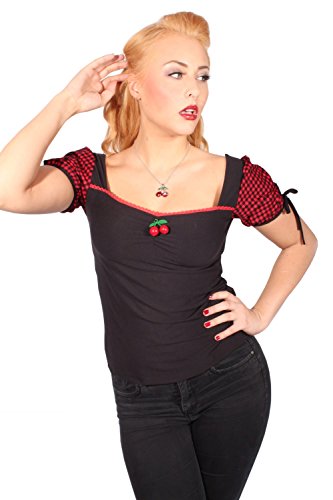 SugarShock Damen fifties Gingham rockabilly Cherry Karo Puffärmel Kirschen Carmen Shirt S - 