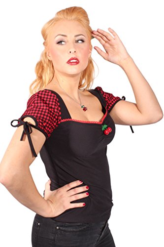 SugarShock Damen fifties Gingham rockabilly Cherry Karo Puffärmel Kirschen Carmen Shirt S - 