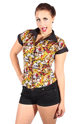 SugarShock Damen Hibiskus Blüten DINER Style PIN UP retro rockabilly Hawaii Hemd Bluse M