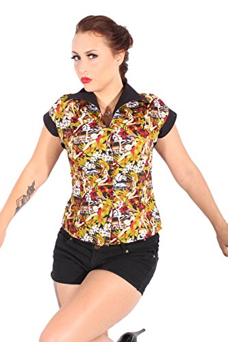 SugarShock Damen Hibiskus Blüten DINER Style PIN UP retro rockabilly Hawaii Hemd Bluse M - 