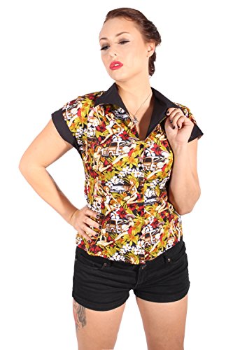 SugarShock Damen Hibiskus Blüten DINER Style PIN UP retro rockabilly Hawaii Hemd Bluse M - 