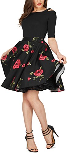 Black Butterfly Floral Rockabilly 1950er-Jahre Swing Tellerrock (Schwarz – Große Rote Rosen, EUR 46 – XXL) - 4