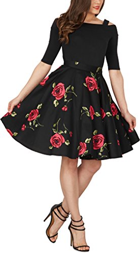 Black Butterfly Floral Rockabilly 1950er-Jahre Swing Tellerrock (Schwarz – Große Rote Rosen, EUR 46 – XXL) - 5