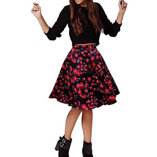 LAEMILIA Damen Vintage Retro Rock Blumendruck Print Mini Kleid Abendrock Faltenrock Skirt (EU M(Tag L), Blumen 1) - 