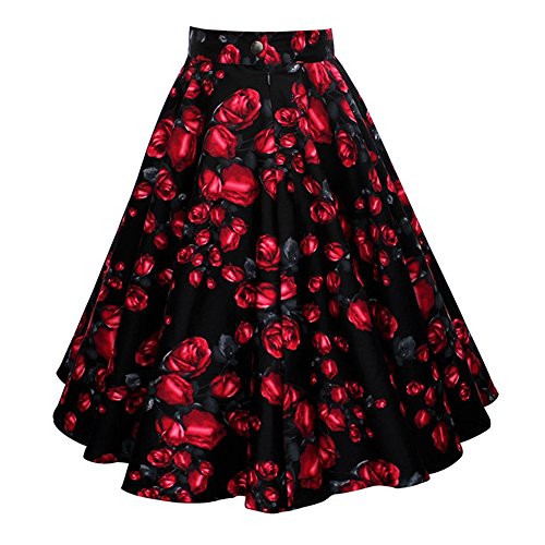 LAEMILIA Damen Vintage Retro Rock Blumendruck Print Mini Kleid Abendrock Faltenrock Skirt (EU M(Tag L), Blumen 1) - 