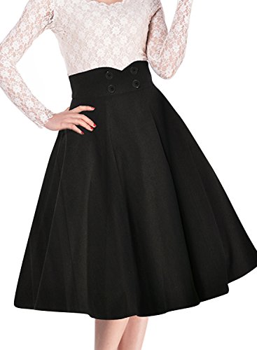 Miusol Damen Elegant Faltenrock Zweireiher Causal Business Vintage 1950er Jahr Roecke Schwarz Gr.M