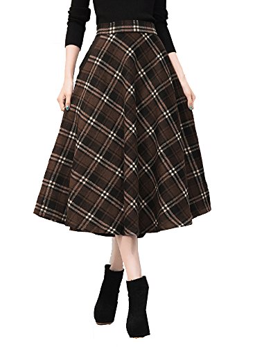 Tribear Damen Vintage Winter Herbst tartan mit hoher Taille flared röcke knielange Kleider (3XL/EU 42, Kaffee)