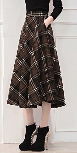 Tribear Damen Vintage Winter Herbst tartan mit hoher Taille flared röcke knielange Kleider (3XL/EU 42, Kaffee) - 