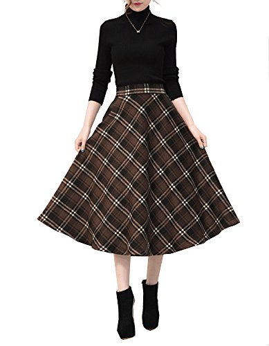 Tribear Damen Vintage Winter Herbst tartan mit hoher Taille flared röcke knielange Kleider (3XL/EU 42, Kaffee) - 