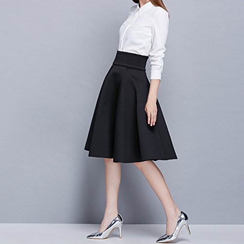 Vertvie Damen Vintage Stretch Bund A-Linie Midi Rock Faltenrock Knielang Leicht Stretch (M, Schwarz) - 5