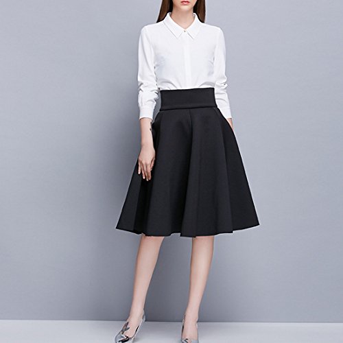 Vertvie Damen Vintage Stretch Bund A-Linie Midi Rock Faltenrock Knielang Leicht Stretch (M, Schwarz) - 6