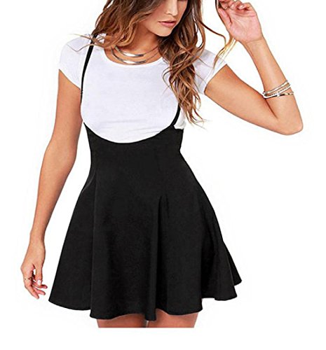 Rcool Frauen Mode schwarzen Rock mit Schulterriemen plissiert Mini Kleid Schwarz (XXL)