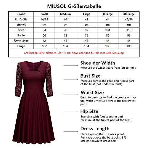 Miusol? Damen Abendkleid Elegant Cocktailkleid Vintage Kleider 3/4 Arm mit Spitzen Knielang Party Kleid Weinrot Gr.M - 3