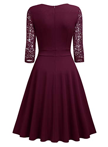 Miusol? Damen Abendkleid Elegant Cocktailkleid Vintage Kleider 3/4 Arm mit Spitzen Knielang Party Kleid Weinrot Gr.M - 7