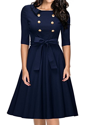 Miusol Damen Rundhals 3/4 Aermel Retro Einreihig Cocktailkleid Rockabilly?70er Jahr Party Abendkleid Blau Groesse S