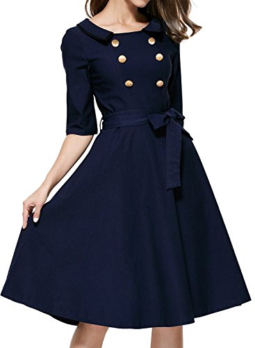 Miusol Damen Rundhals 3/4 Aermel Retro Einreihig Cocktailkleid Rockabilly?70er Jahr Party Abendkleid Blau Groesse S - 3