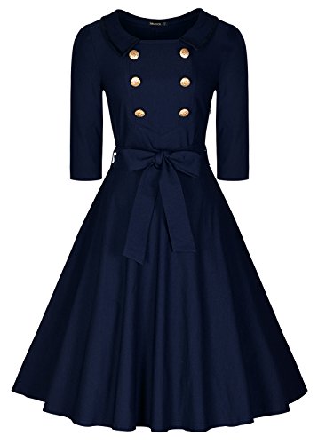 Miusol Damen Rundhals 3/4 Aermel Retro Einreihig Cocktailkleid Rockabilly?70er Jahr Party Abendkleid Blau Groesse S - 2